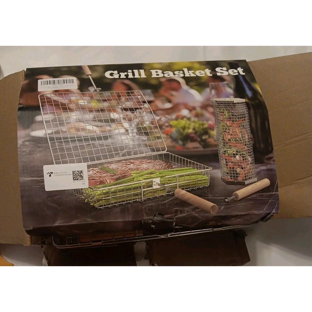 Grill Basket Set, Stainless Steel BBQ Tools, Removable Handle, Outdoor Cooking